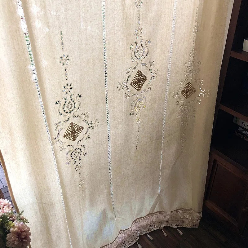 Obbty Linen Hollow Solid Curtain Handmade Crochet Bottom Stitching 70% Blackout Window Curtain Customizable for Living Room