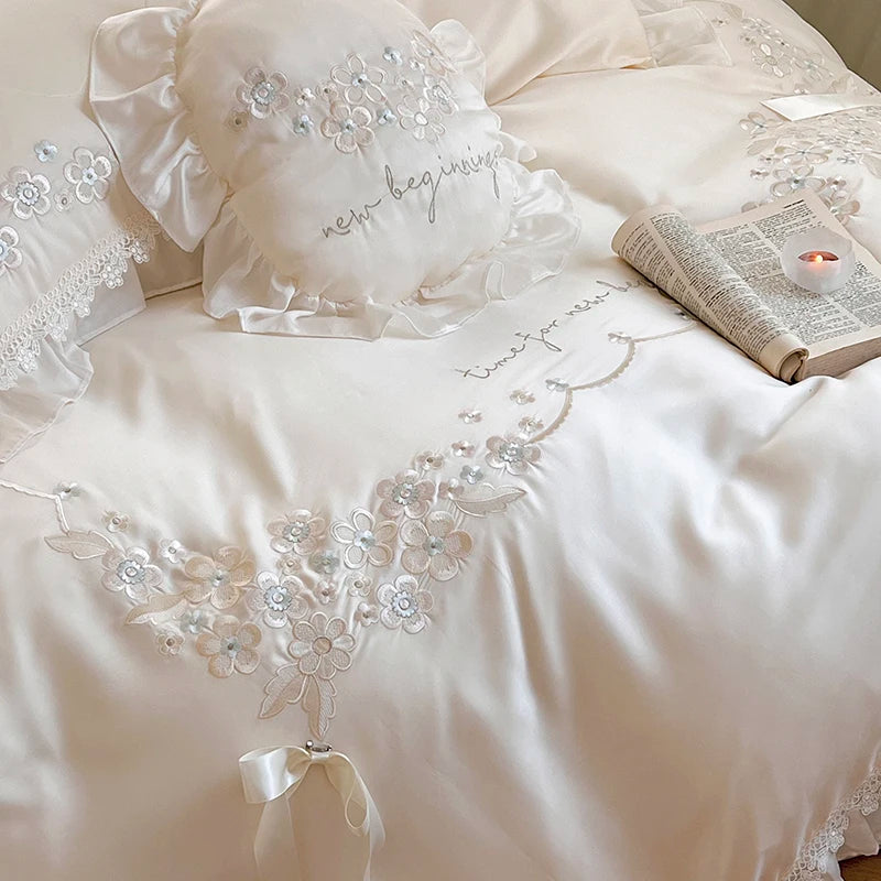 Obbty Natural Eucalyptus Lyocell Fibre Soft Silky Bedding Set Flower Embroidery Lace Ruffles Smooth Duvet Cover Bed Sheet Pillowcases