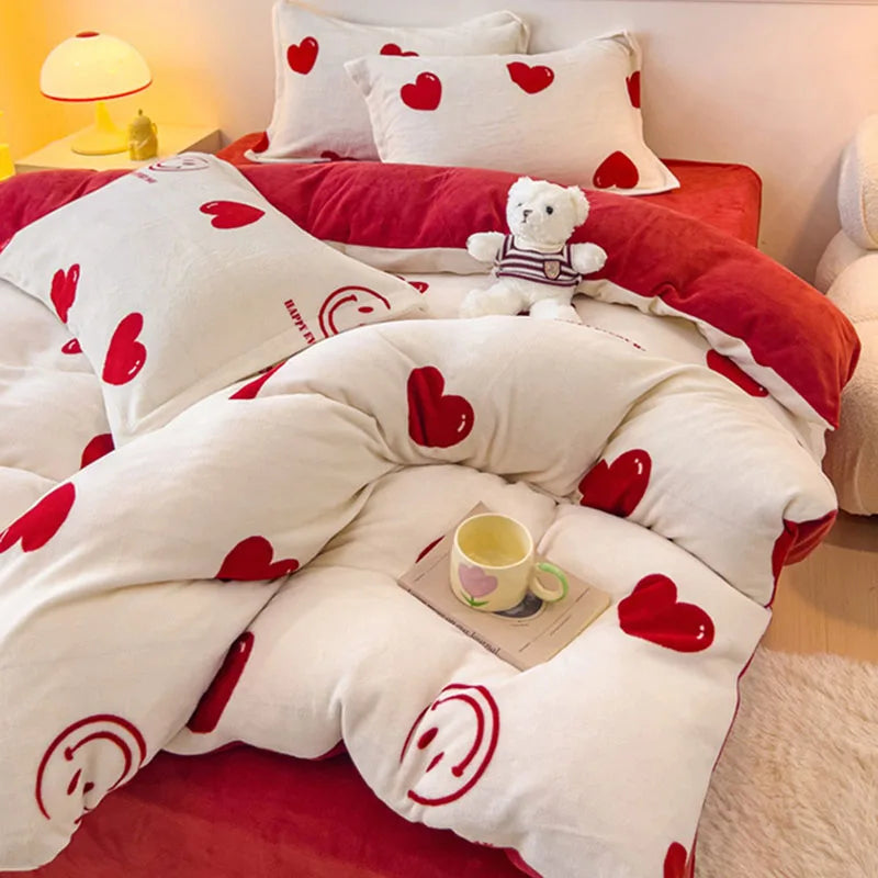 Obbty New Crystal Velvet Warm Bedding Set for Winter Cartoon Flannel Fleece Warmth Duvet Cover Set Queen Soft Comforter Cover Sets