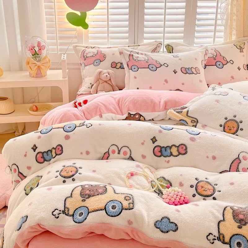 Obbty Winter Thick Warm Plush Comforter Cover Queen Bedding Sets Cartoon Quilt Cover Bed Sheet Pillowcase 4pcs Luxury Bed Linens