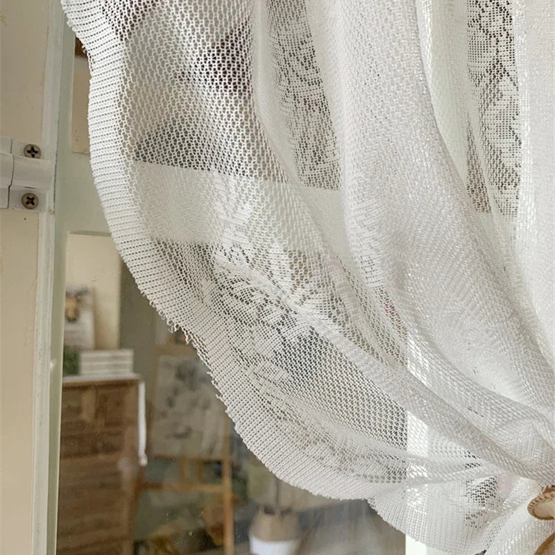 Obbty Korean White Lace Valance Short Tulle Curtains With Brown Pink Bow Transparent Flower Half Sheer Curtain For Living Room Kitchen