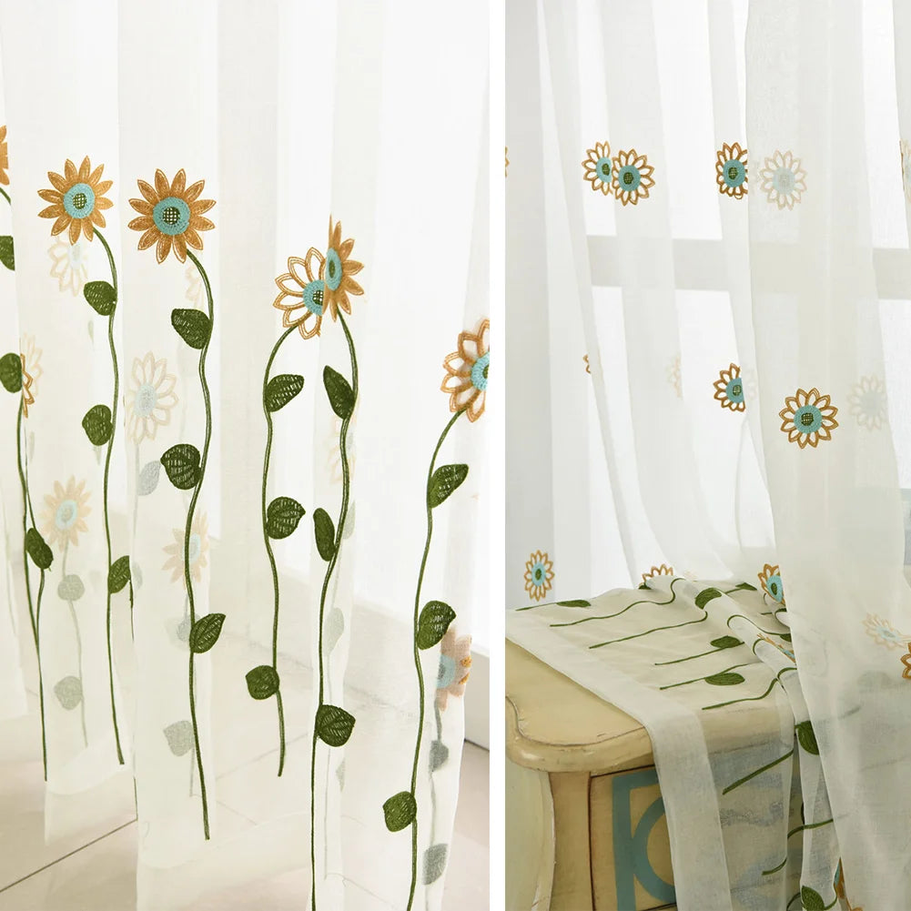 Obbty Home Decor Pack of 2 Sunflower/Dragonfly/Butterfly Princess Voile Curtains Transparent Embroidery Pattern Children's Girls Room