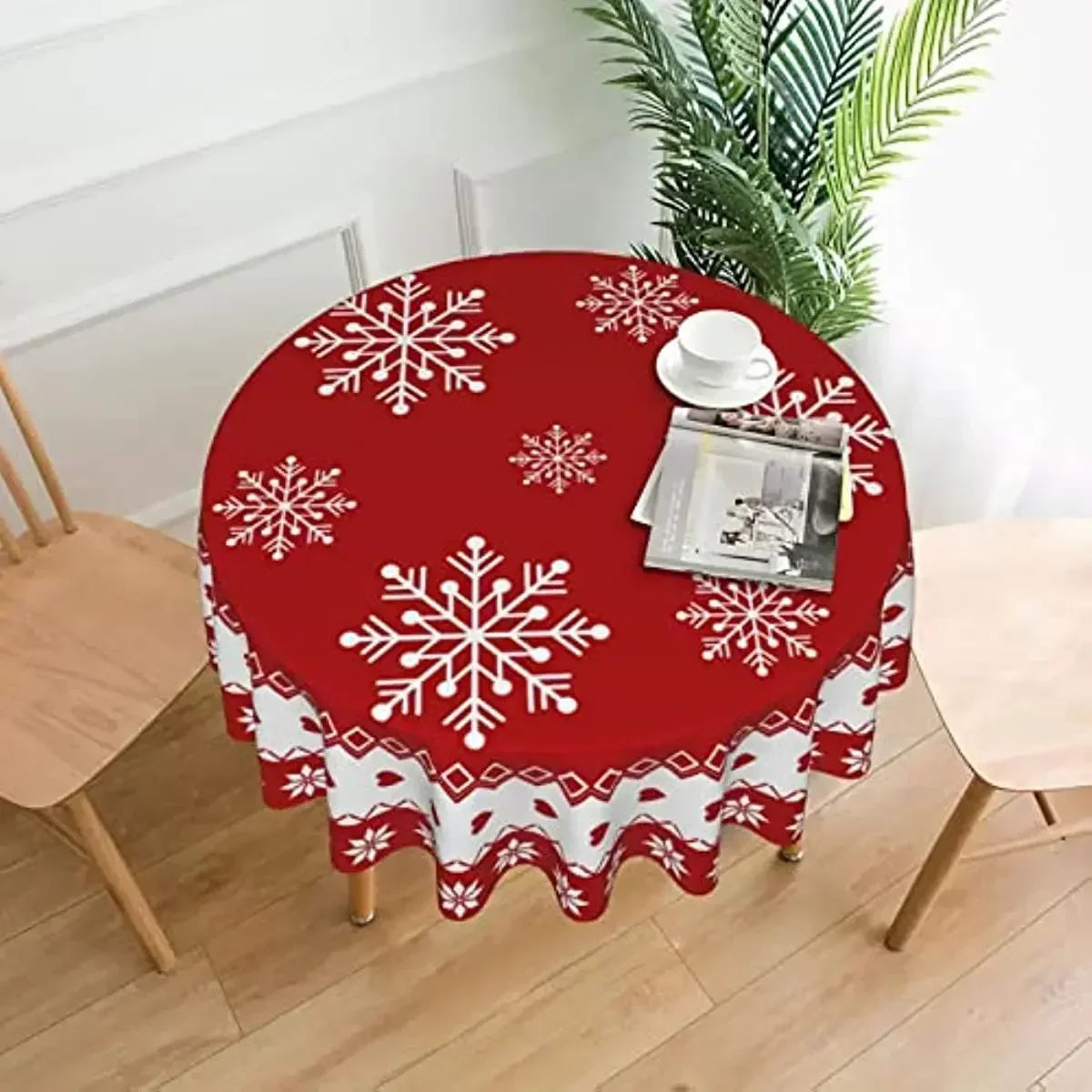 Obbty Christmas Table Cloth Red Round Christmas Tablecloth 60 Inch Washable Reusable Winter Snowflake Tablecloth for Holiday Party