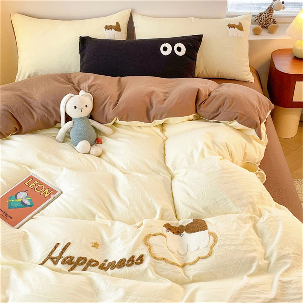 Obbty Cute Cartoon Duvet Cover Set with Sheet Pillowcase Four-Piece Set Solid Color Bed Linen Full Queen Size Home Textile Bedding Set