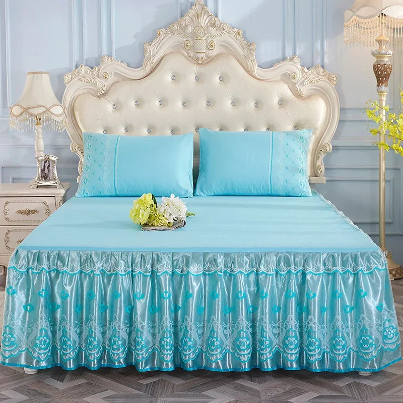 Obbty Princess Style Ruffles Fitted Bed Sheet Set Luxury Pleated Lace Edge Bed Linen Set High End Embroidery Bedsheet with Bed Skirt