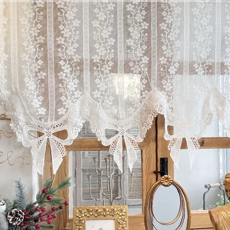 Obbty French Aesthetic Retro Bows Lace Short Tulle Curtains White Fine Woven Flower Jacquard Sheer Half Coffee Curtain Door Drapes