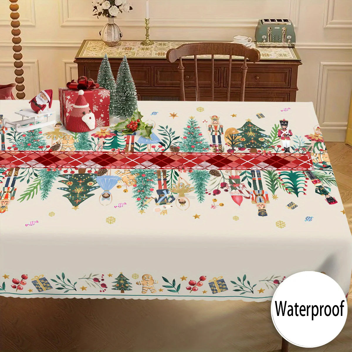 Obbty Christmas Nutcracker Holly Waterproof Tablecloth Holiday Party Decor Reusable Xmas Rectangle Table Cloth Dining Room Table Decor