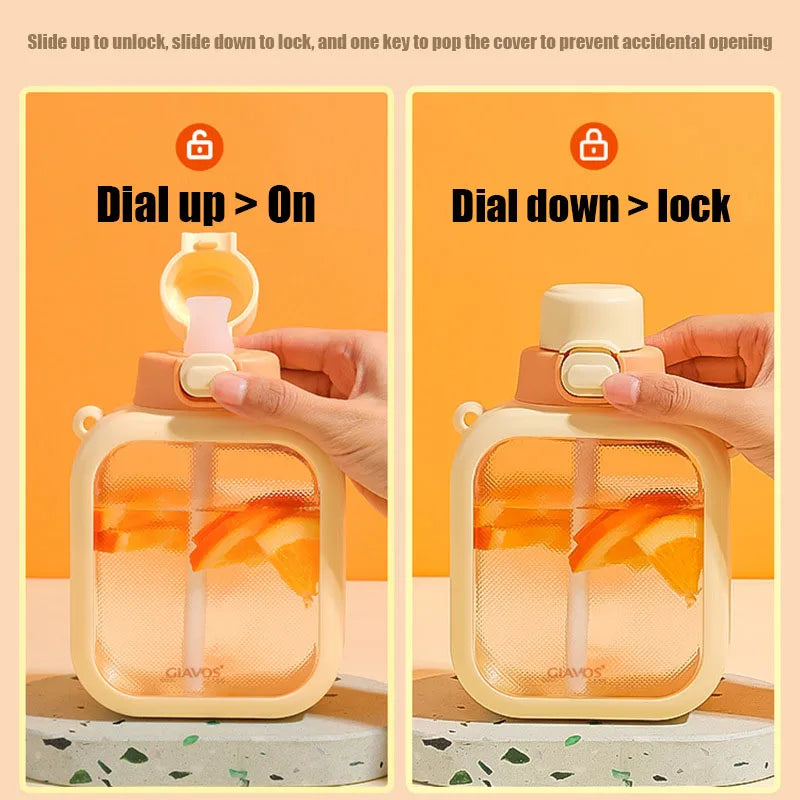 Obbty 700Ml Water Bottle Cute Square Flat Water Bottle Bpa Free with Straw and Strap Summer Sippy Plastic Cup Leak Proof Large Capacit