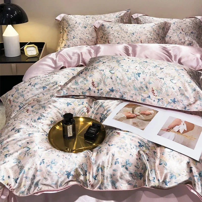 Obbty Natural Mulberry Silky Blending Duvet Cover Set with Sheets High-end Satin Blending Silky Bedding Set Luxury Queen Bedding Sets