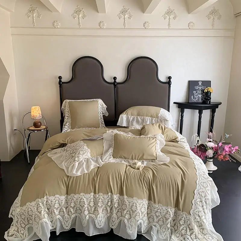 Obbty Ruffle Chiffon Lace Duvet Cover Set  2Pcs Pillowcases Sweet Cute Princess Style Bedding set Ultra Soft and Light Weight