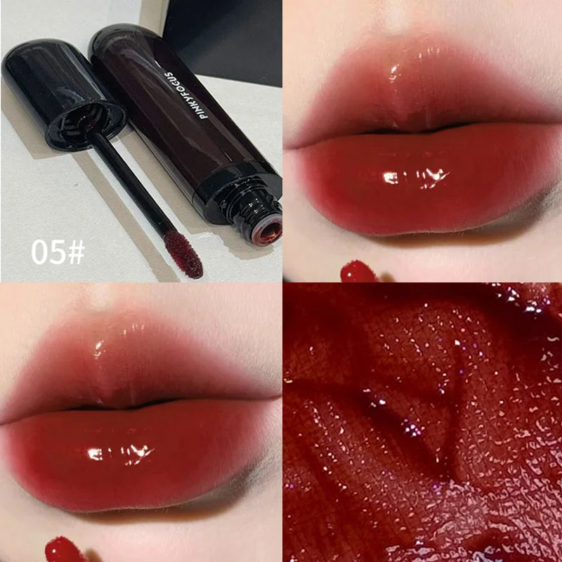 Obbty Red Brown Mirror Lip Glaze Water Light Moisturizing Non-stick Cup Highly Pigmented Red Liquid Lipstick Lip Tint Makeup Cosmetics