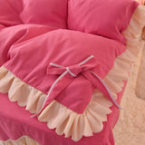 Obbty Korean Princess Style Bedding Set Soft Thickened Duvet Cover Bed Sheet Skirt and Pillowcases Cute Bow Girls Pink Comfort Cover