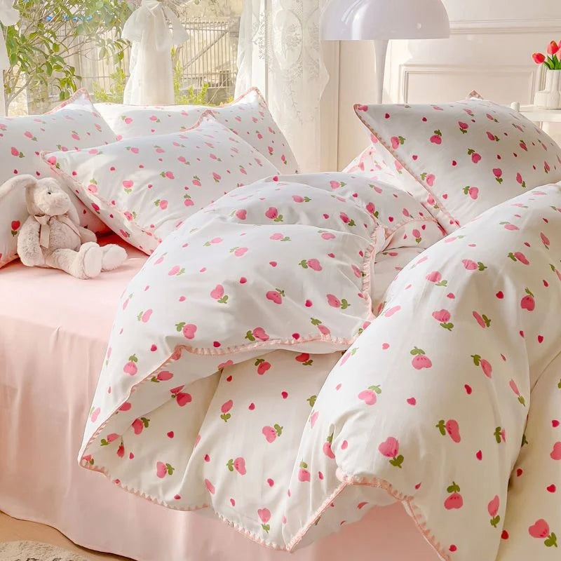 Obbty Pastoral Girls Flower Bedding Sets, Washed Cotton Bed Linens, Soft Quilt Cover Sheet Set, Simple Bedspread, Home Textiles