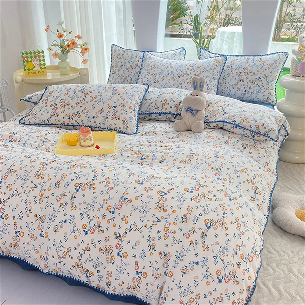 Obbty French Style Flower Bedding Sets Washed Cotton Bed Linens Soft Quilt Cover Sheet Couple Girls Floral Bedspread Home Textiles