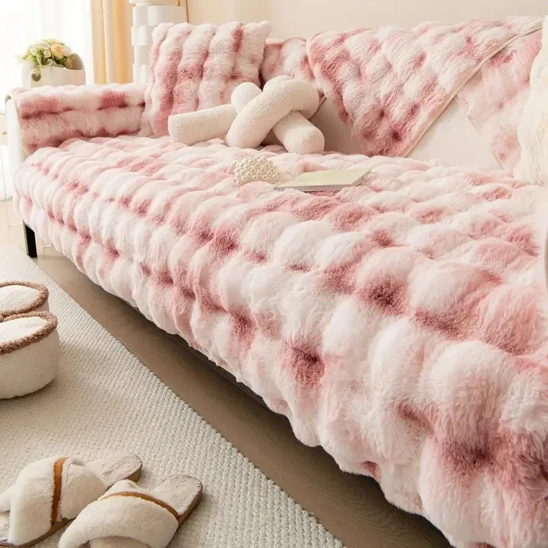 Obbty Thicken Imitation Rabbit Fur Plush Sofa Slipcover Non-slip  Soft Sofa Towel Couch Cushion for Living Room Modern Home Decor