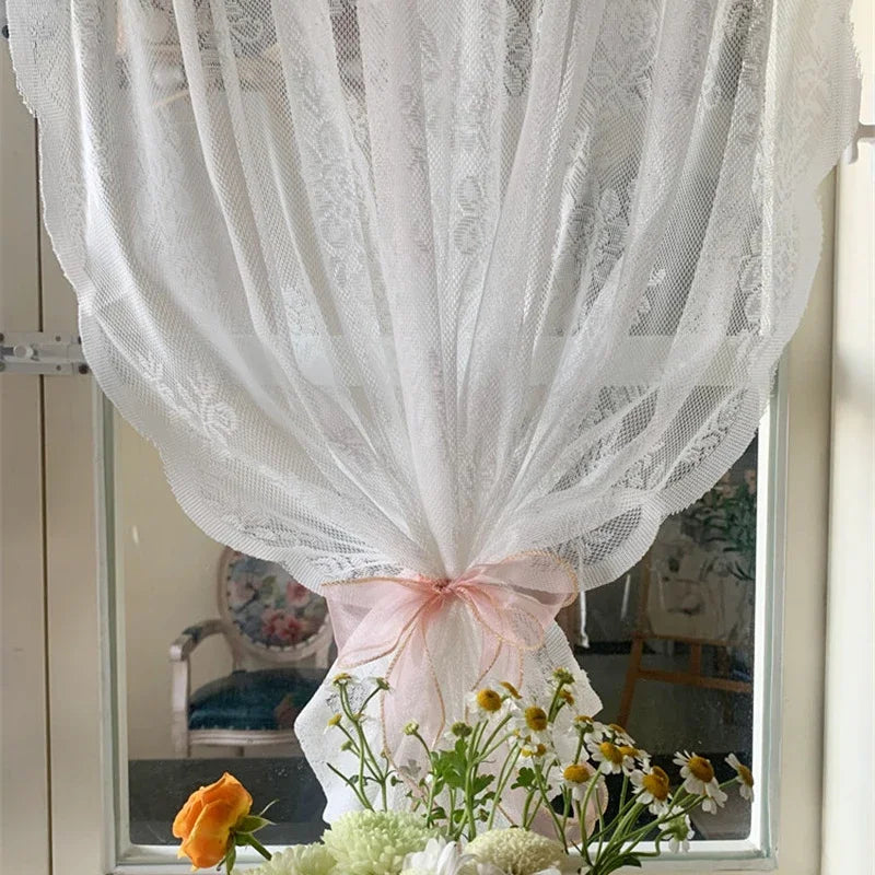 Obbty Korean White Lace Valance Short Tulle Curtains With Brown Pink Bow Transparent Flower Half Sheer Curtain For Living Room Kitchen