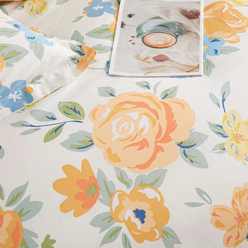 Obbty Yellow Floral 100% Cotton Duvet Cover Rose Pattern Comforter Covers Elegant Flowers Botanical Bedding All Season for Women Girls