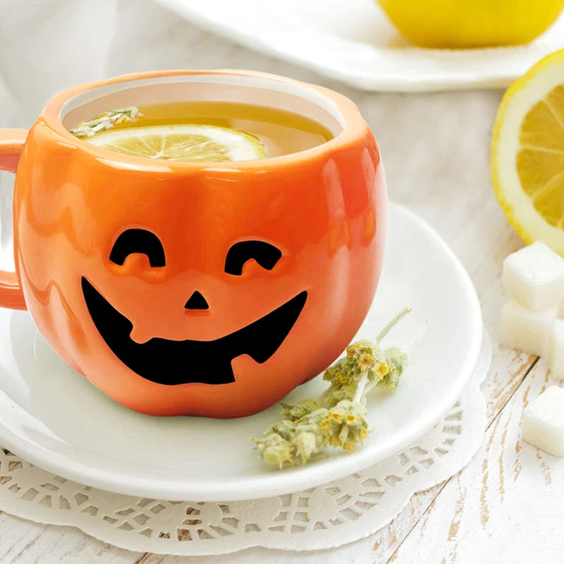 Obbty 350ML Mug Halloween Pumpkin Shaped Ceramic Cup With Spoon Christmas Halloween Prank Ceramic Mug Creative Pumpkin Milk Coffee Cup