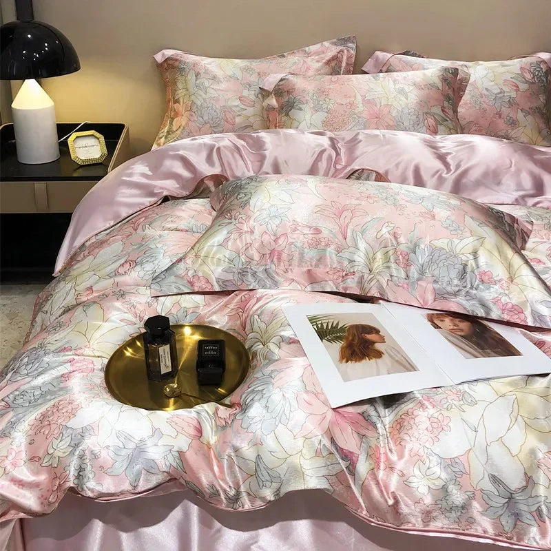 Obbty Natural Mulberry Silky Blending Duvet Cover Set with Sheets High-end Satin Blending Silky Bedding Set Luxury Queen Bedding Sets