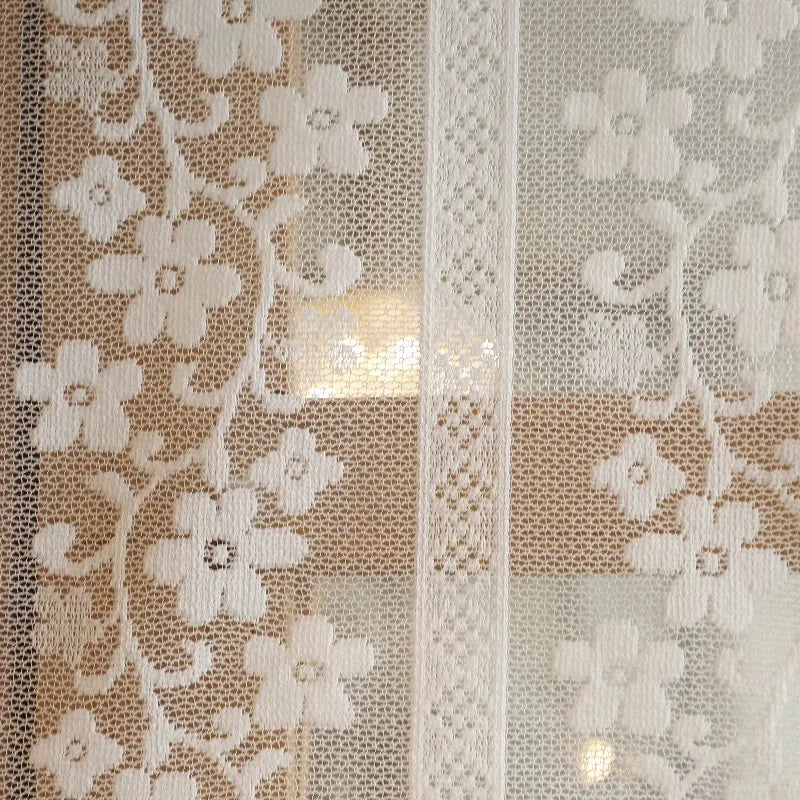 Obbty French Aesthetic Retro Bows Lace Short Tulle Curtains White Fine Woven Flower Jacquard Sheer Half Coffee Curtain Door Drapes