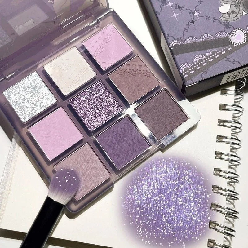 Obbty Aurora Purple 9 Colors Eyeshadow Palette Smokey Purple Lace Shimmer Matte Silver Water Highlight Cool Tone Eye Shadow Korean