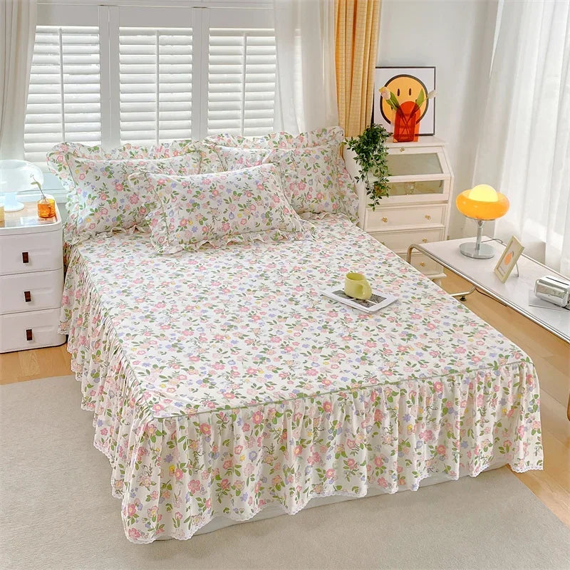 Obbty 1pc 100%Cotton Bed Skirt Queen/King Size Floral Printed  Sheet with Ruffles falda de cama Full Size  Skirt for Single