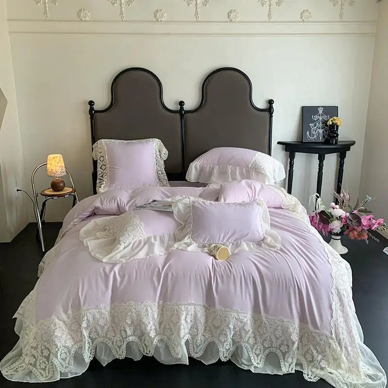 Obbty Ruffle Chiffon Lace Duvet Cover Set  2Pcs Pillowcases Sweet Cute Princess Style Bedding set Ultra Soft and Light Weight