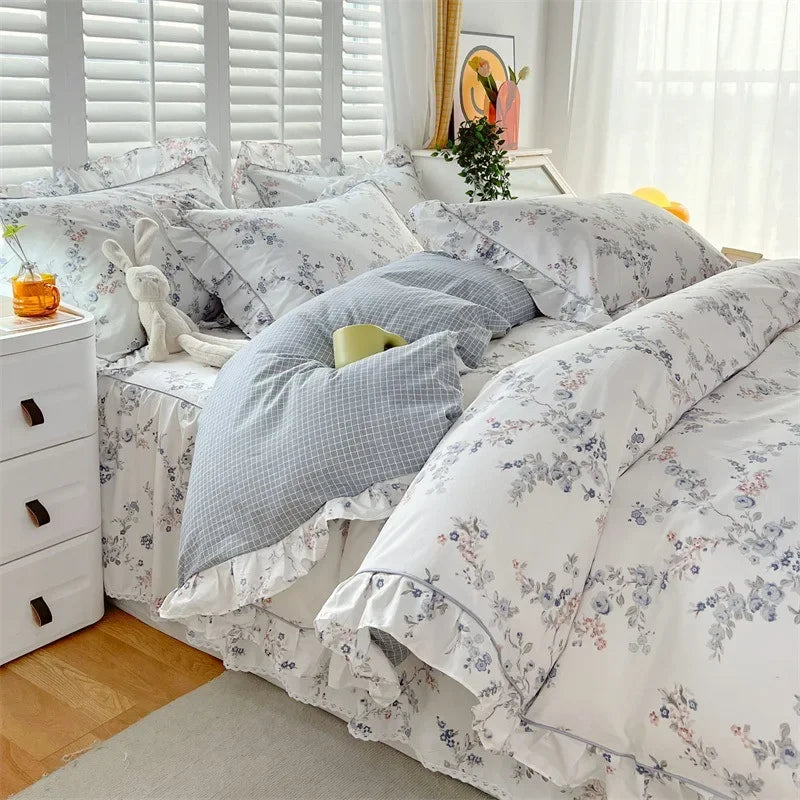 Obbty Lace Duvet Cover Single Style Floral Bedding Set Cotton Comforter Green Double Korean Quilt Cover Ruffle Flower