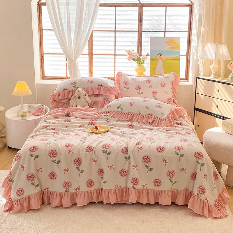 Obbty Rose Floral Seersucker Summer Quilt Flower Pattern Soft Skin-friendly Bedding Ruffle Thin Comforter Suitable for Bedroom Office