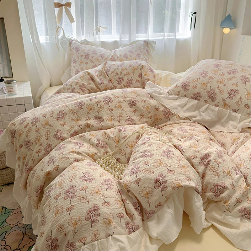 Obbty Bedding Set Korean Style 2024 New  Small Floral Water Washed Cotton Lace Duvet Cover Set Queen Size