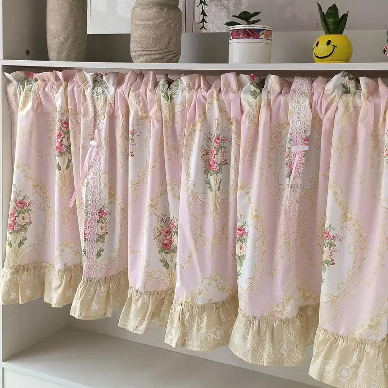 Obbty Wave Pink Embroidered Flowers Window Valance Living Room Elegant Lace Curtain Valance Lace Tape Short Curtains Kitchen