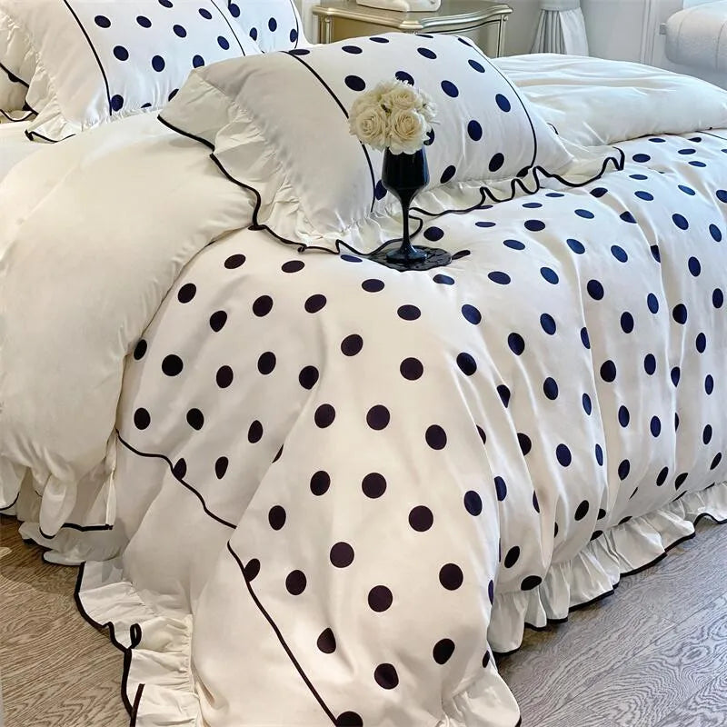 Obbty Washed Cotton White And Black Dots Bedding Set Ruffle Duvet cover Bed Sheet Set Pillowcases Double Queen King 4Pcs