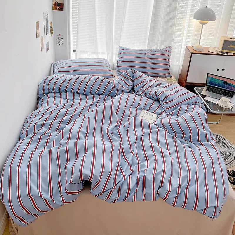 Obbty INS Stripe Series Printed Soft Bedding Set Duvet Cover Bedclothes Bedspread Pillowcases Flat Sheets Comforter Sets for Girls