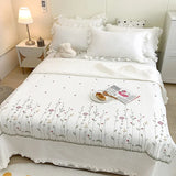 Obbty Ruffles Flowers Embroidery Summer Quilt 1/3/4 Pcs Set Princess Quilted Bedspread Air-conditioning Blanket Comforter Bedding Set