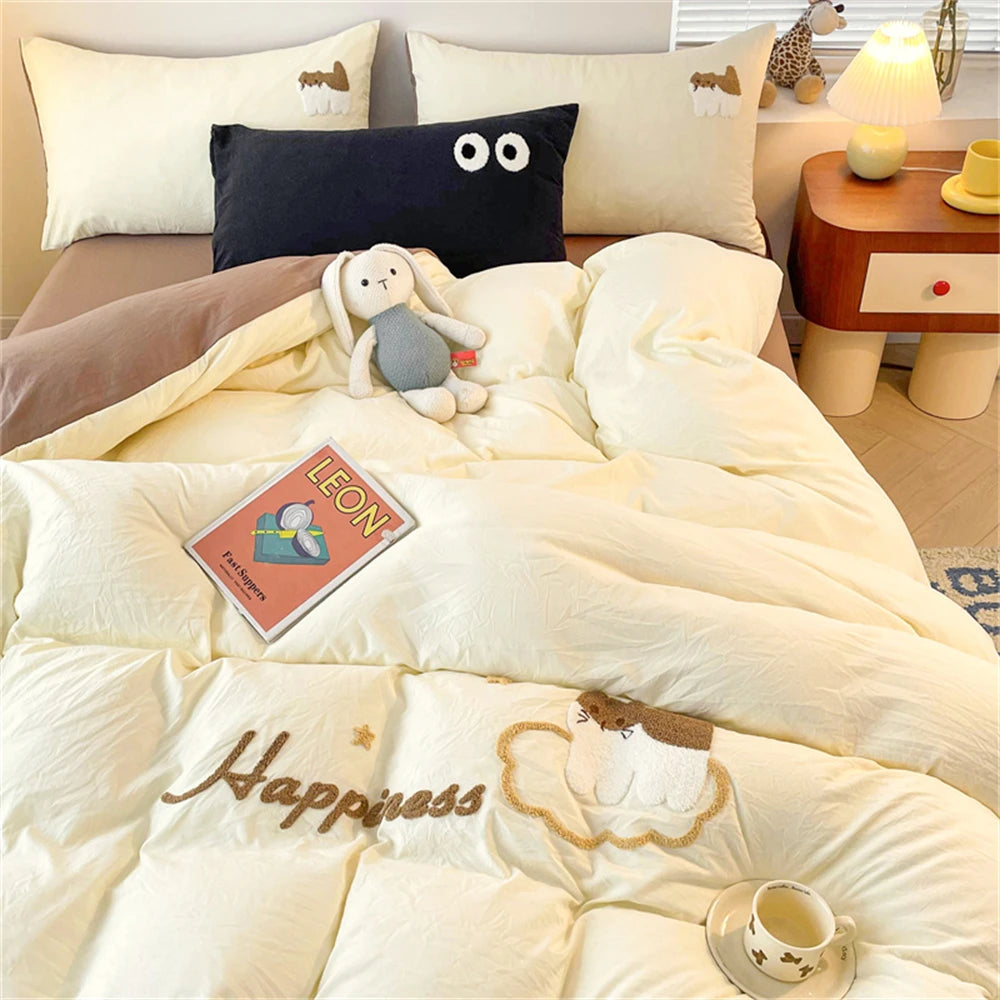 Obbty Cute Cartoon Duvet Cover Set with Sheet Pillowcase Four-Piece Set Solid Color Bed Linen Full Queen Size Home Textile Bedding Set