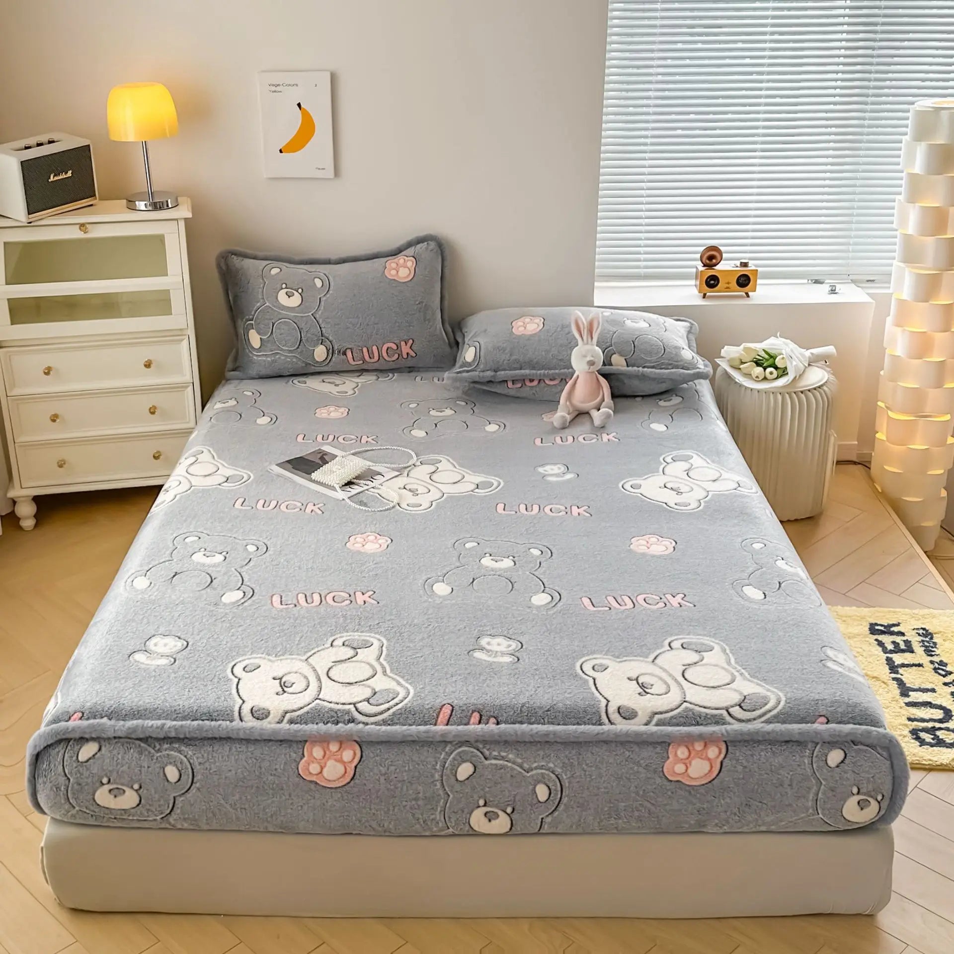 Obbty Winter Thicken Warm Coral Velvet Bed Sheet Sets Cartoon Double Bedspread Non-slip Mattress Cover Fitted Sheet with 2 Pillowcases