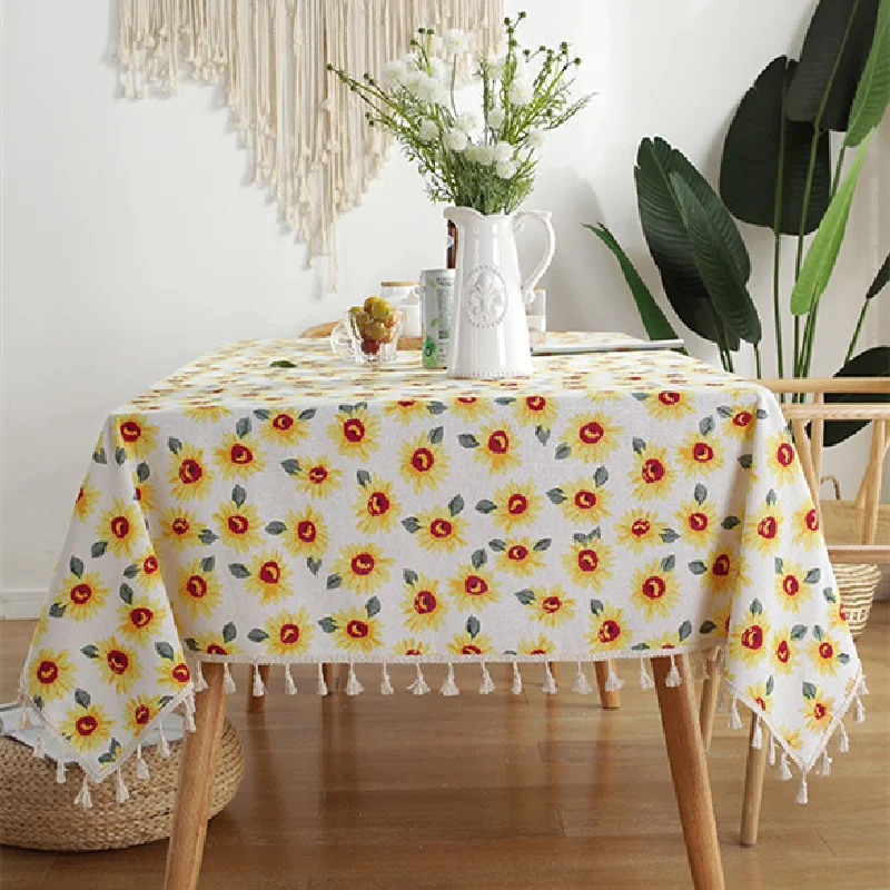 Obbty Sunflower Flower Tablecloth Cotton and Linen Tassel Rectangular Tablecloth Waterproof and Oil-proof Table Cloth Home Decoration