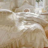 Obbty Egyptian Cotton Wedding Bedding Set, Romantic French Lace Ruffles, Flowers Embroidery, Duvet Cover, Bed Sheet, Pillowcases