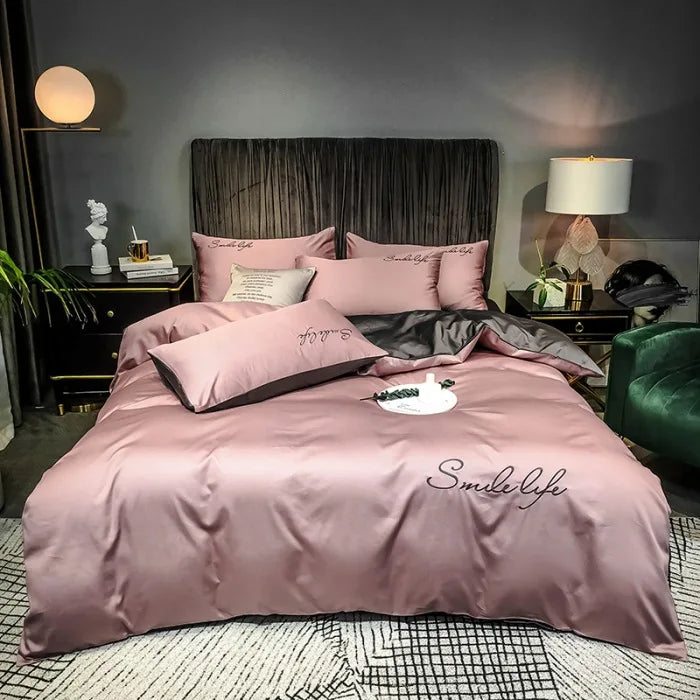 Obbty High End Skin Friendly Bedding Set Queen Luxury Embroidery Duvet Cover Set with Flat Sheet Simple Durable King Size Bedding Sets