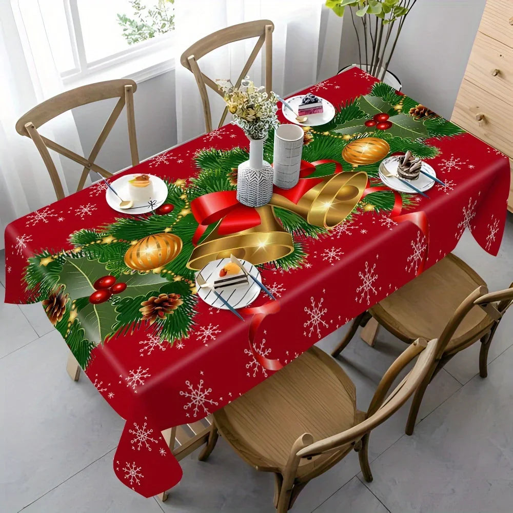 Obbty Christmas Festive Bells and Holly Rectangle Tablecloth Holiday Party Decor Waterproof Tablecloth for Table Christmas Decorations