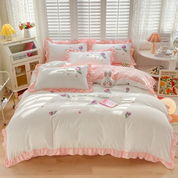 Obbty Floral Cartoon Rabbit Bedding Set Embroidery Duvet Cover Queen Twin Full Size Kawaii Comforter Covers with Pillowcases for Girls