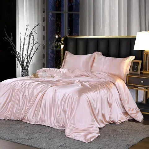 Obbty blending Mulberry Silk Bedding Set Silky High-end Queen Size Duvet Cover Set with Fitted Sheet Luxury Bedding Sets King Bed Sets