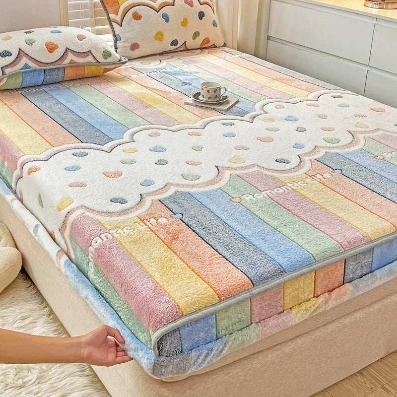 Obbty Winter Thicken Warm Coral Velvet Bed Sheet Sets Cartoon Double Bedspread Non-slip Mattress Cover Fitted Sheet with 2 Pillowcases