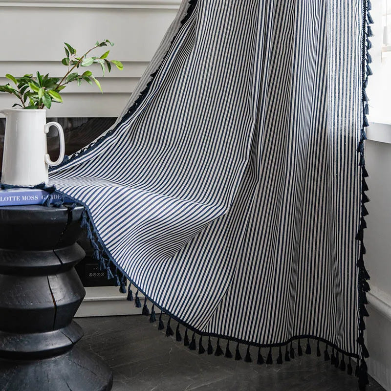 Obbty Curtains for Kitchen Living Room Bedroom Home Decoration Curtain American Style Boho Blue Striped Printed Cotton Linen Fabric