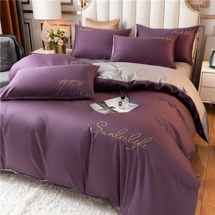 Obbty High End Skin Friendly Bedding Set Queen Luxury Embroidery Duvet Cover Set with Flat Sheet Simple Durable King Size Bedding Sets