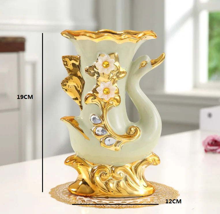 Obbty European style Ceramic Gold Vase Arrangement Dining Table Home Decoration Accessories Creative Golden Swan Vases