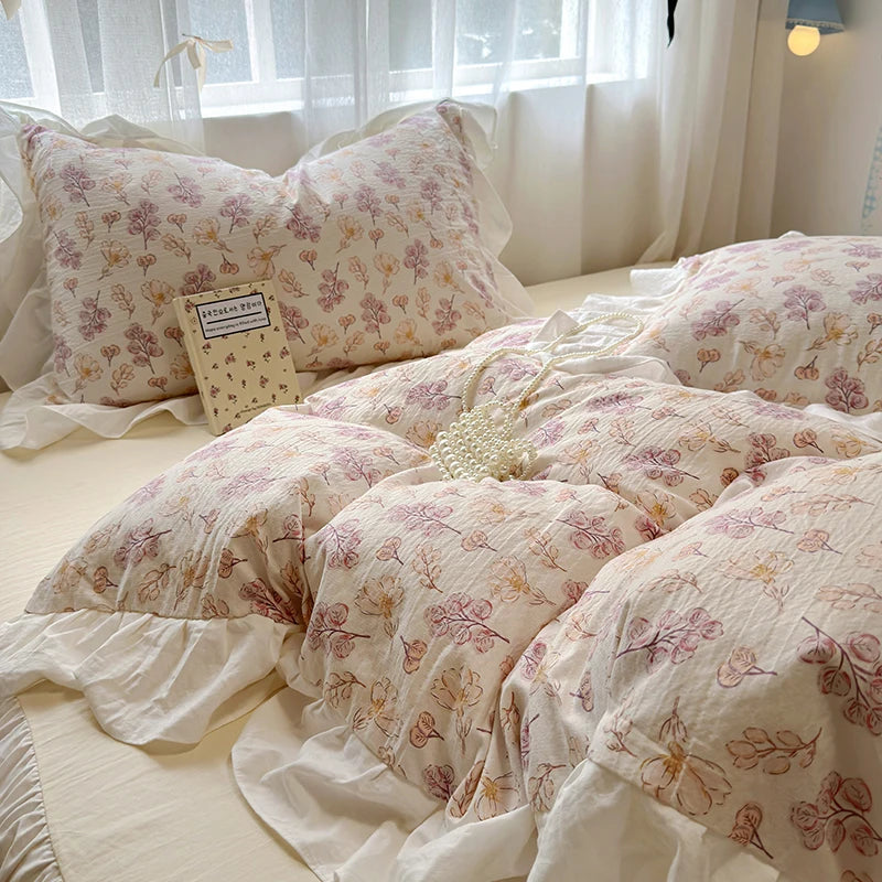 Obbty Bedding Set Korean Style 2024 New  Small Floral Water Washed Cotton Lace Duvet Cover Set Queen Size