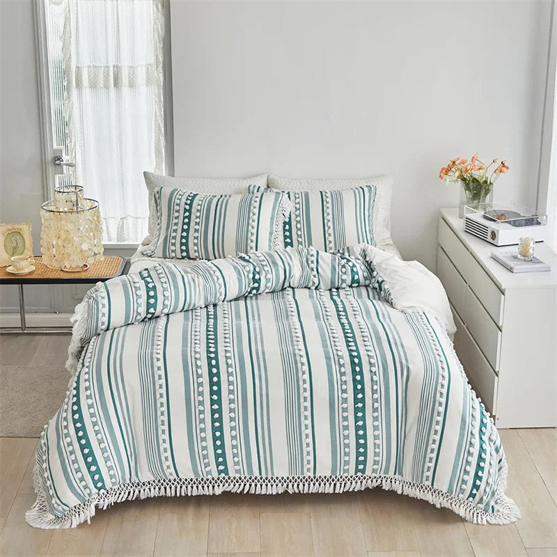 Obbty New Furball Queen Duvet Cover Set High-end Striped Cut Flowers Bedding Set King Size with Tassels Quilt Cover and Pillowcases