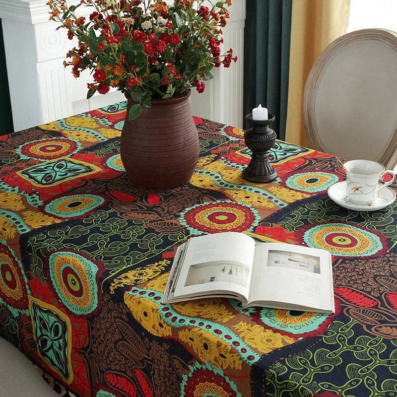 Obbty Ethnic Style Tablecloth Mayan Big Flower Rectangular Tablecloth Coffee Table Cover Birthday Wedding Set Home Table Decoration