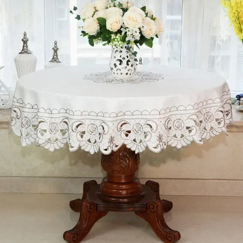 Obbty New Lace Tablecloth Pastoral Round Tablecloth Dining Table Cloths Home Embroidery Table Cover Rose Gold Decoration House Towel